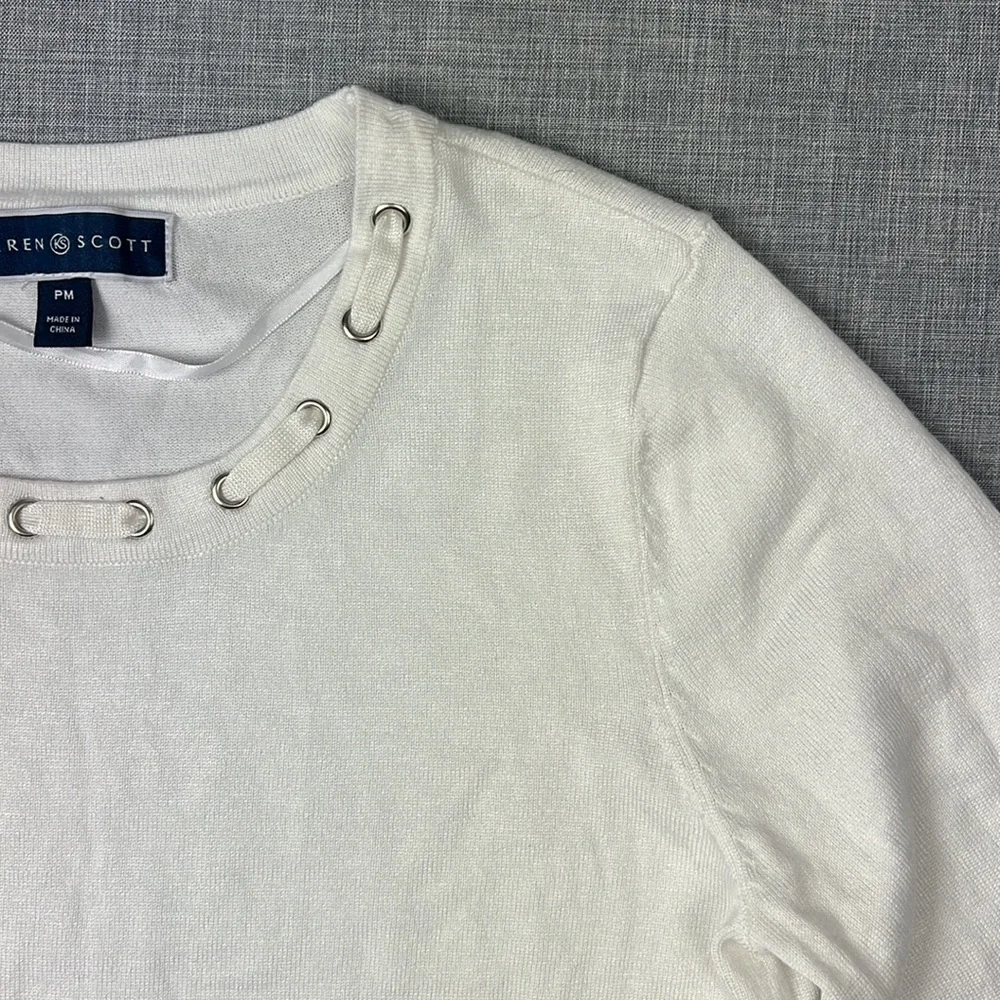 White Embellished Crewneck Sweater Petite Size Medium - Picture 3 of 5
